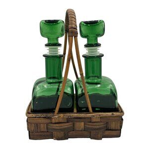 2 MCM Emerald Green Glass Decanter Bottles with Basket Carrier 1960's